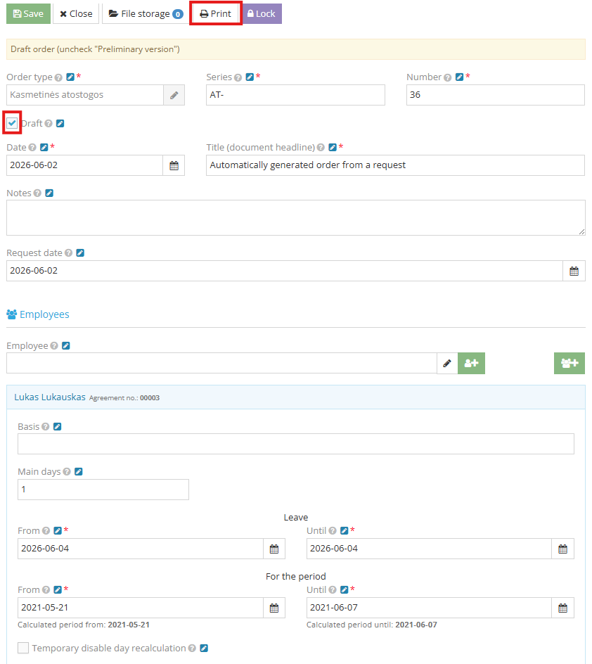 Automatically created entry with the employee request